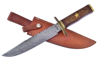 Walnut Damascus Bowie with Brass Inlay