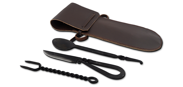 Spoon, Fork, Knife W/Leather Pouch, Blackened Stainless