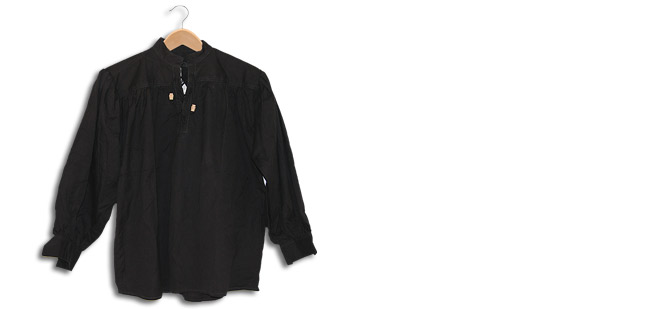 Cotton Shirt, Collarless, Laced W/Toggles Black Size Medium