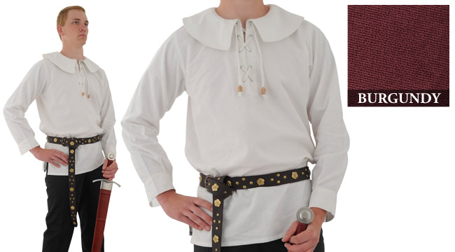 Cotton Shirt, Round Collar, Burgundy Large