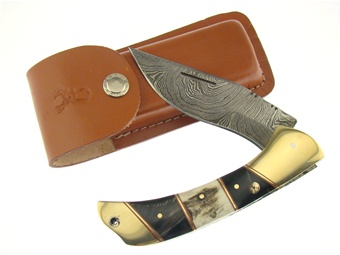 Stag/Buff Horn Damascus Folding Hunter