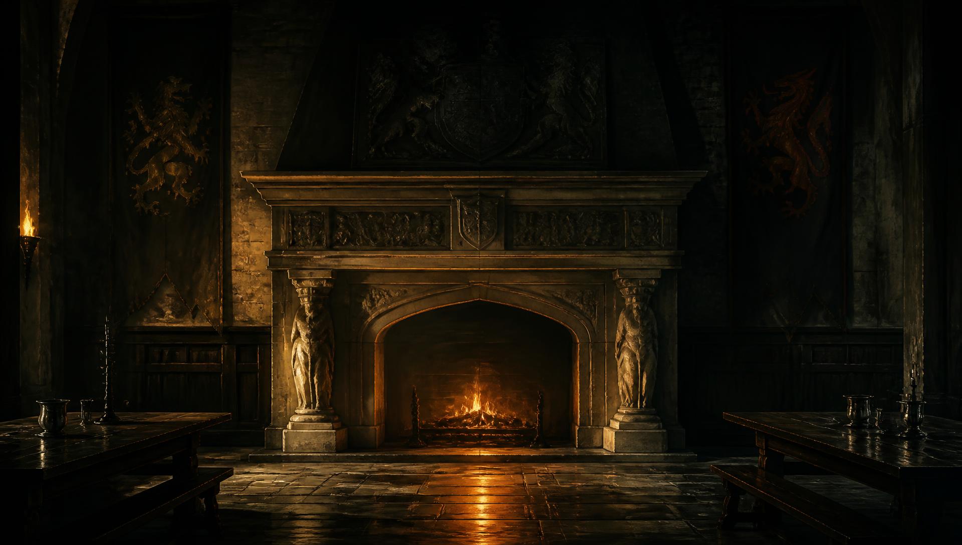 A great stone hearth burning low at the end of a medieval hall